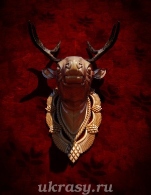 Голова оленя с рогами на резном медальоне
